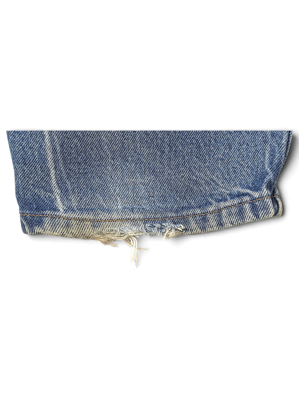JAKE & IPI Dickies jeans leg hem showing distressed frayed denim detail in medium blue wash
