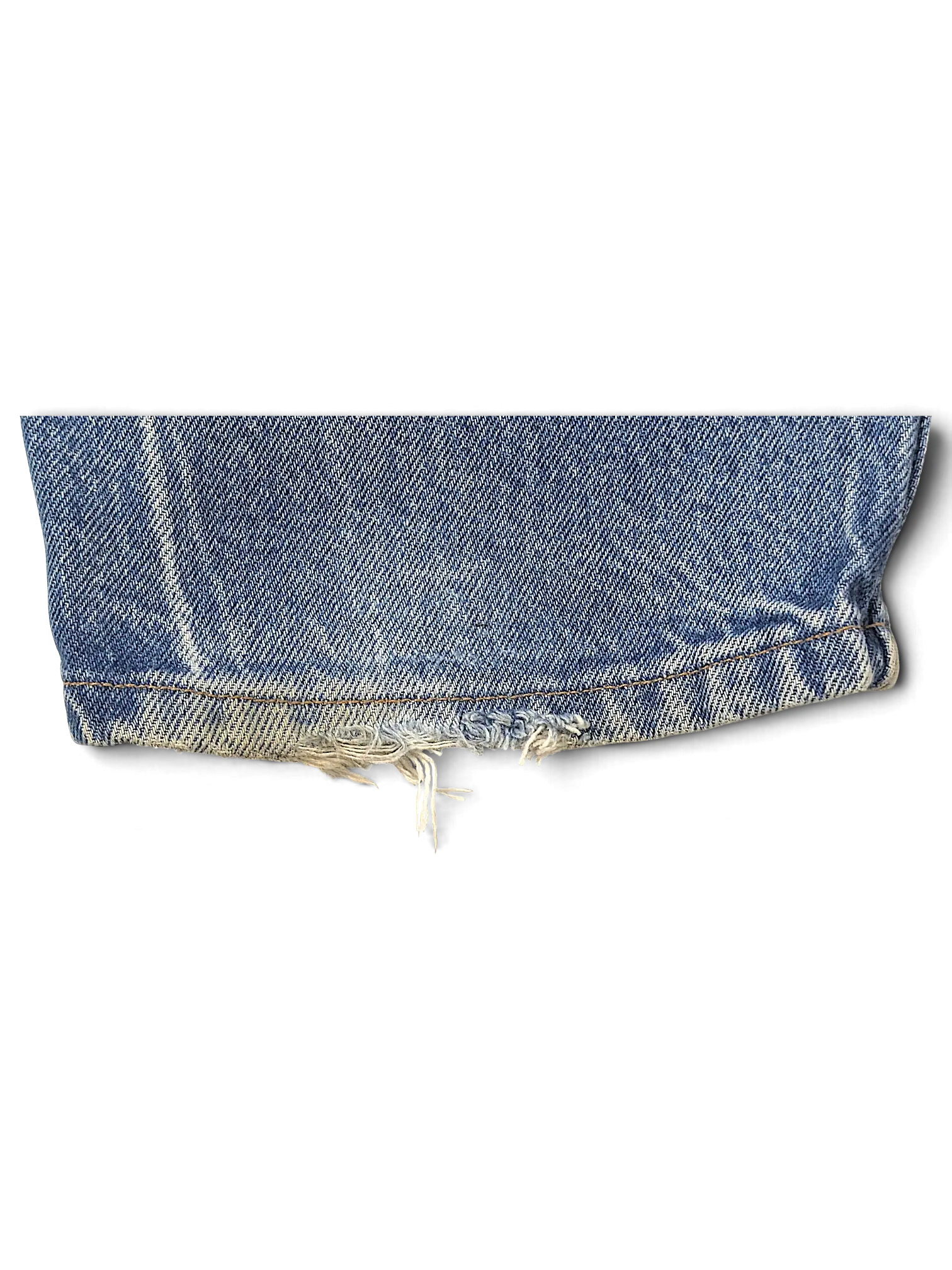 JAKE & IPI Dickies jeans leg hem showing distressed frayed denim detail in medium blue wash