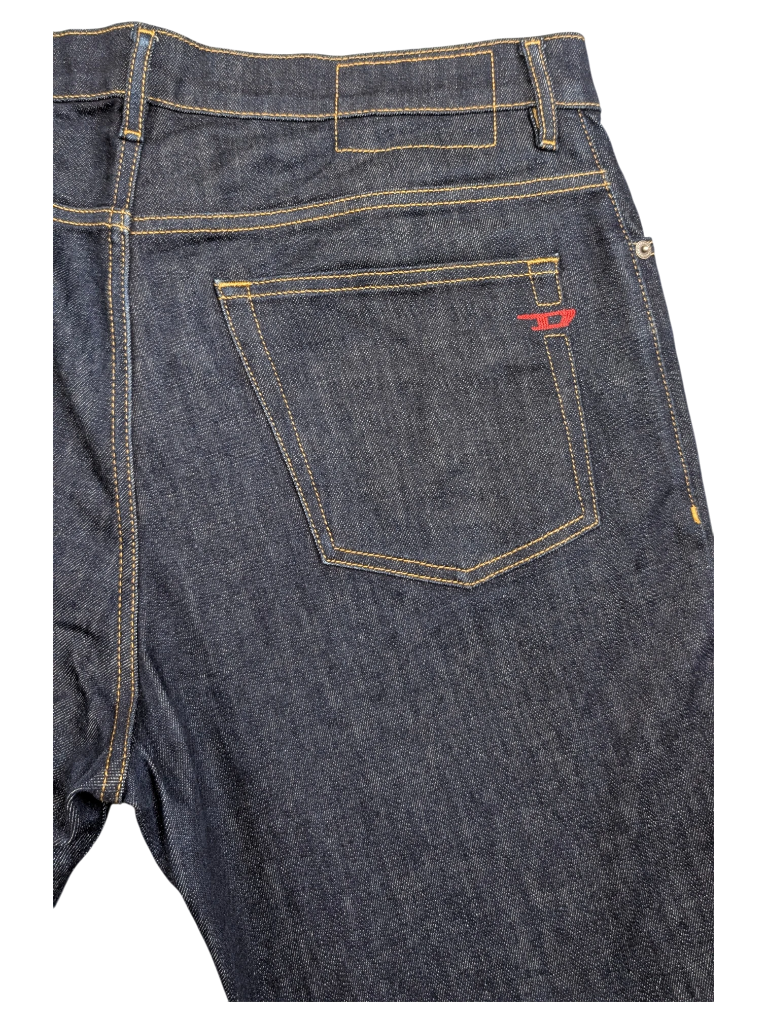 JAKE & IPI dark wash denim jeans with red Diesel logo on back pocket. W34 L32.