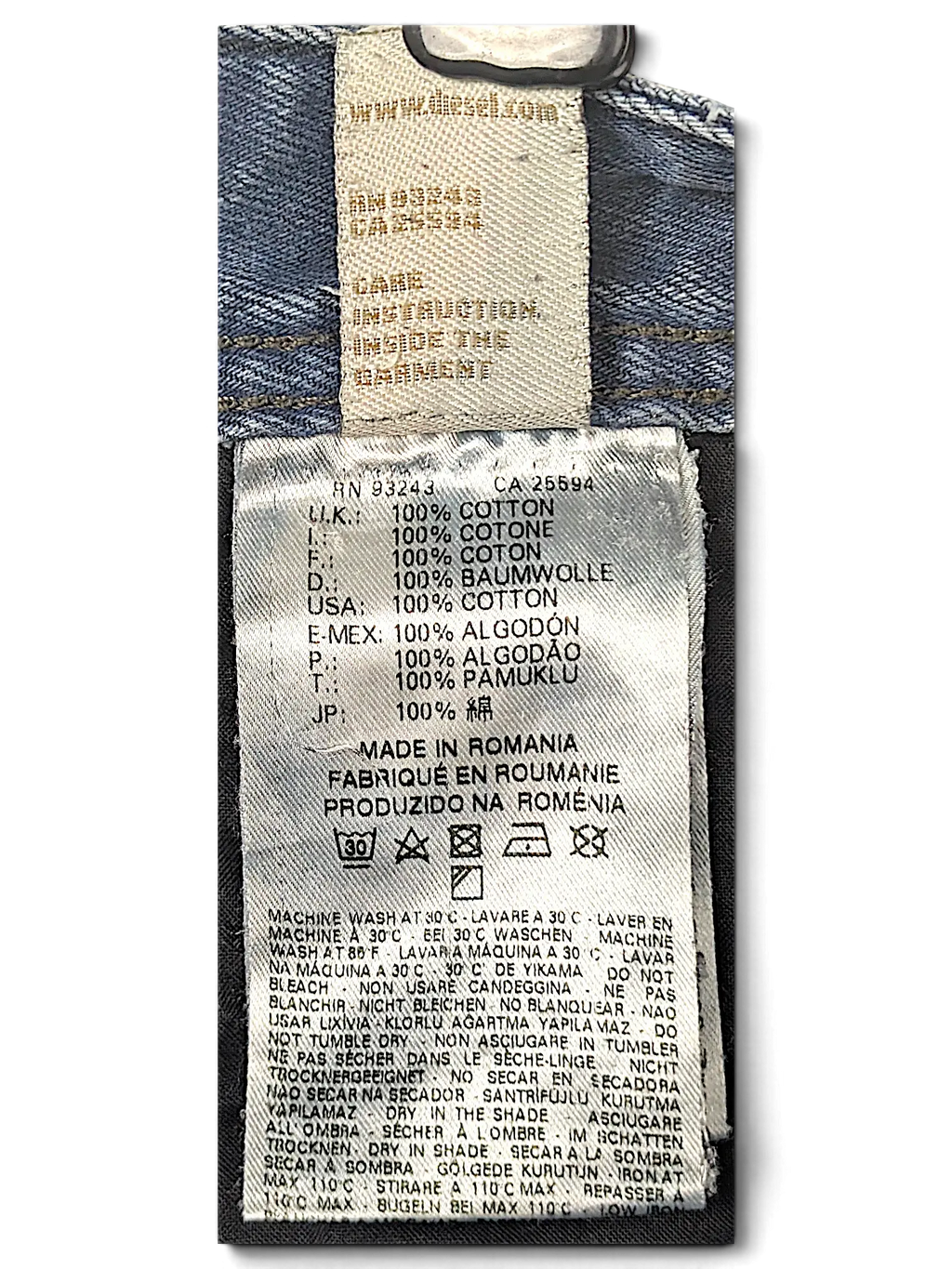 JAKE & IPI Diesel Krayer jeans care label showing 100 percent cotton material and washing instructions