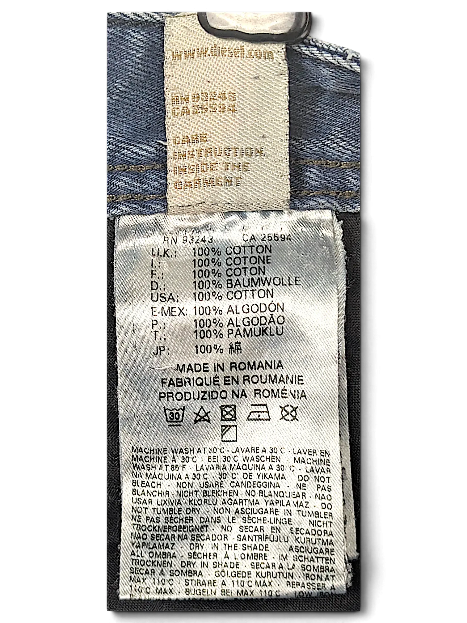 JAKE & IPI Diesel Krayer jeans care label showing 100 percent cotton material and washing instructions
