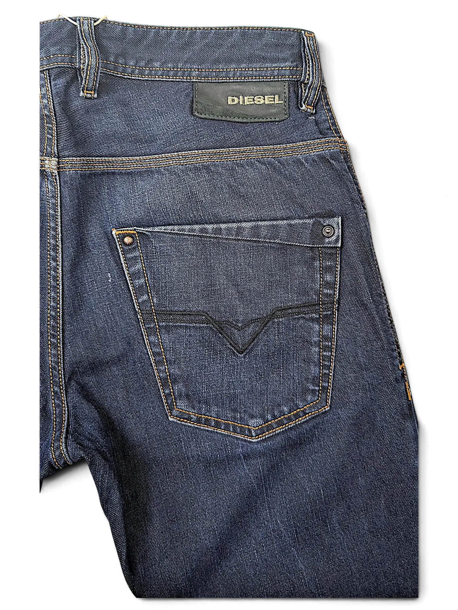 JAKE & IPI Diesel Krooley dark wash denim jeans featuring a classic five-pocket design and leather logo patch.