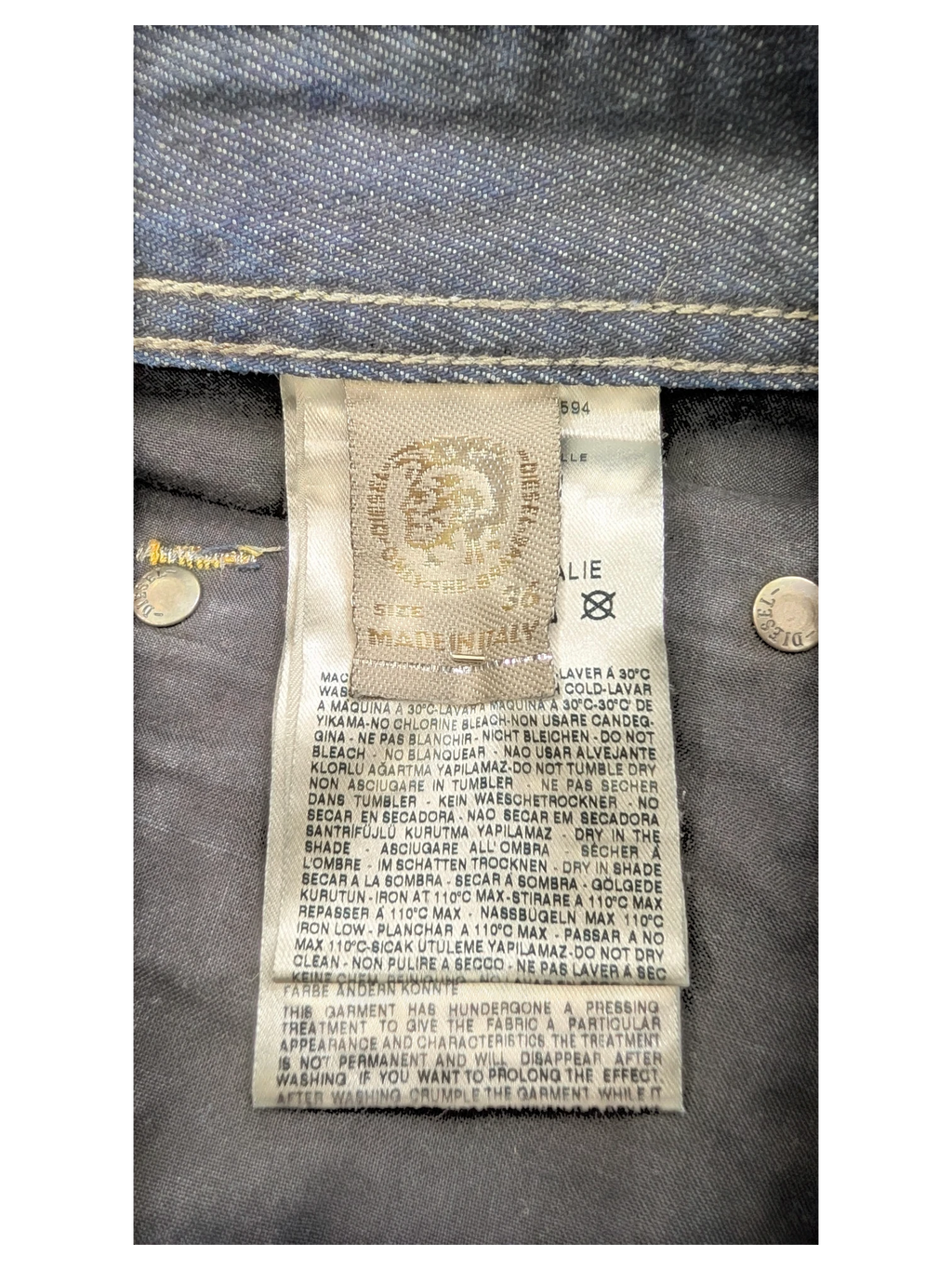 JAKE & IPI Diesel Larkee jeans, size 36, made in Italy. Dark wash denim with care instructions label.