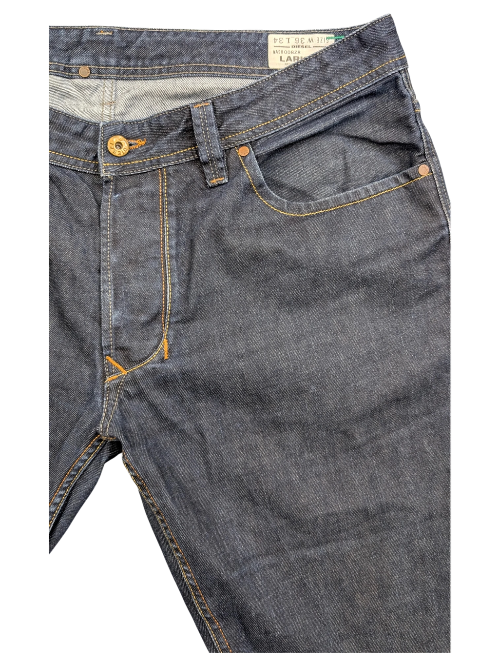 JAKE & IPI Diesel Larkee dark wash denim jeans, size W36 L34, with gold stitching and copper rivets.