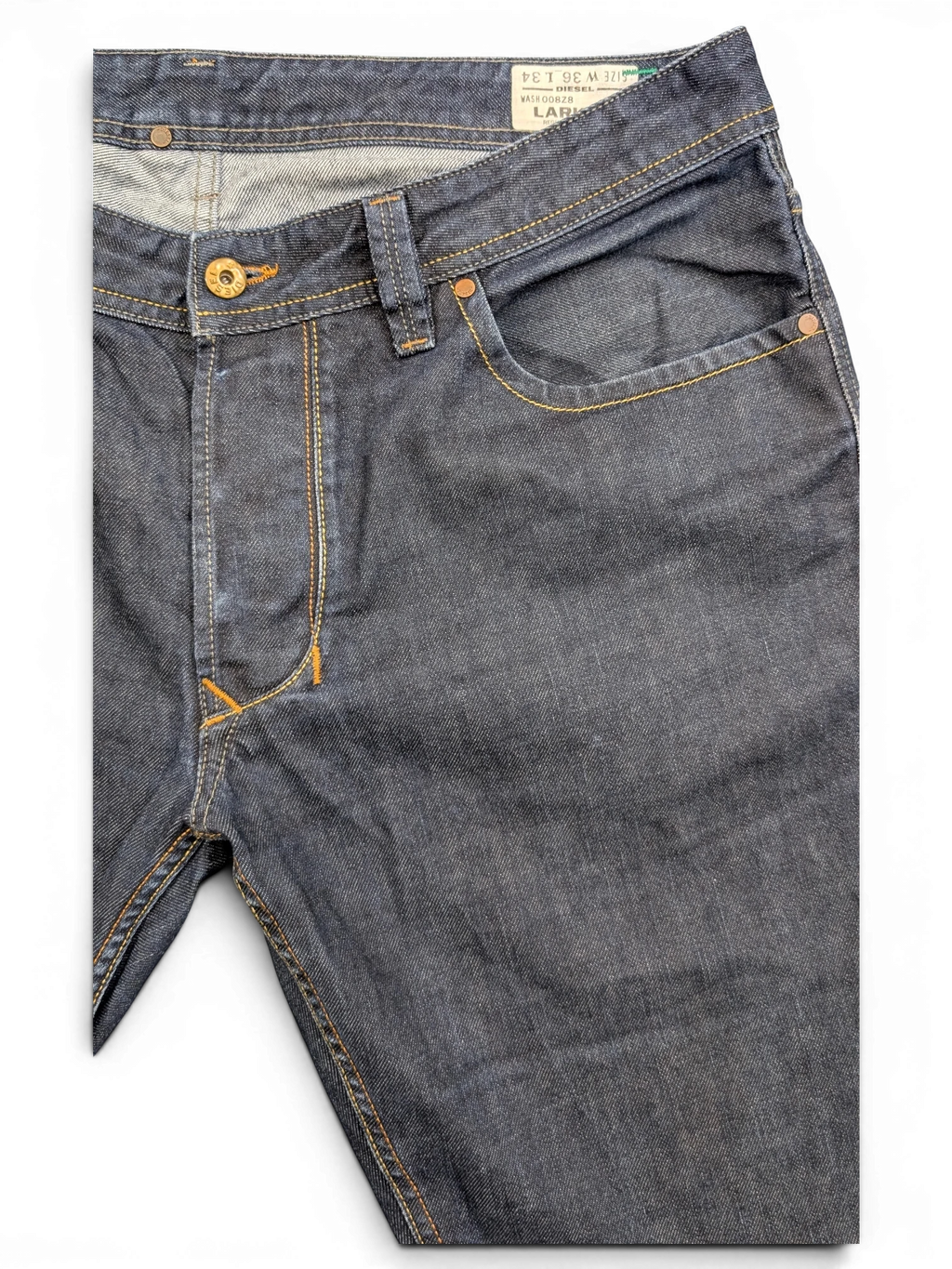 JAKE & IPI Diesel Larkee dark wash denim jeans, size W36 L34, with gold stitching and copper rivets.