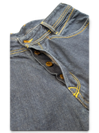 JAKE & IPI dark wash denim jeans with button fly and yellow stitching. Size W31 L34.