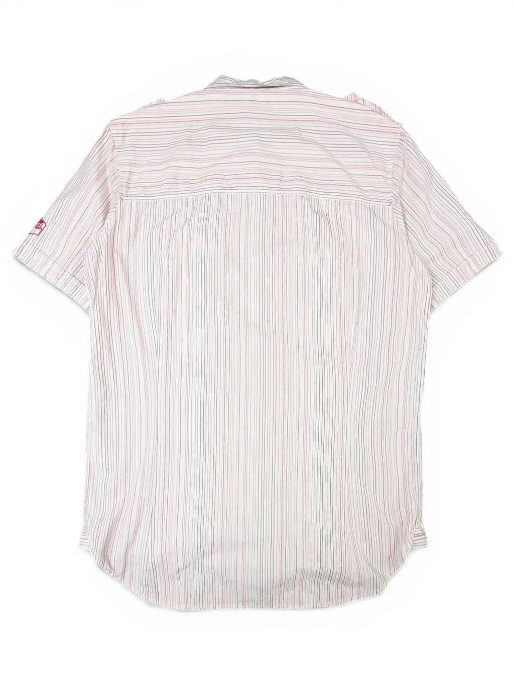 JAKE & IPI vintage Diesel short sleeve utility shirt in white, grey, and pink fine stripes, back view.