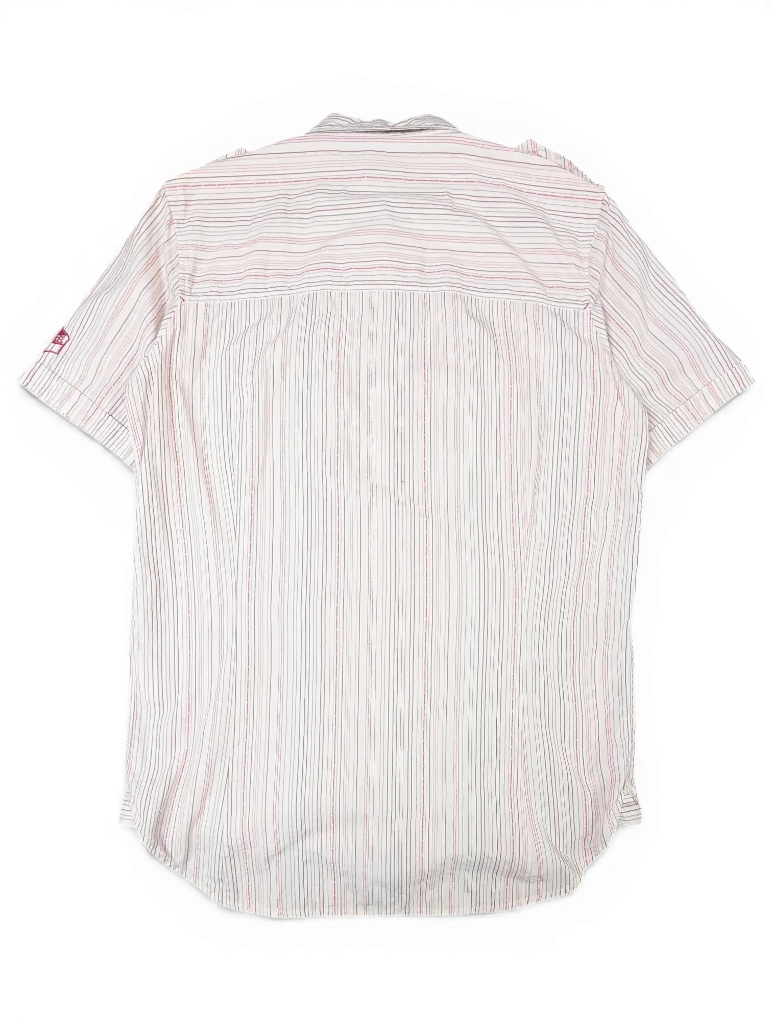 JAKE & IPI vintage Diesel short sleeve utility shirt in white, grey, and pink fine stripes, back view.