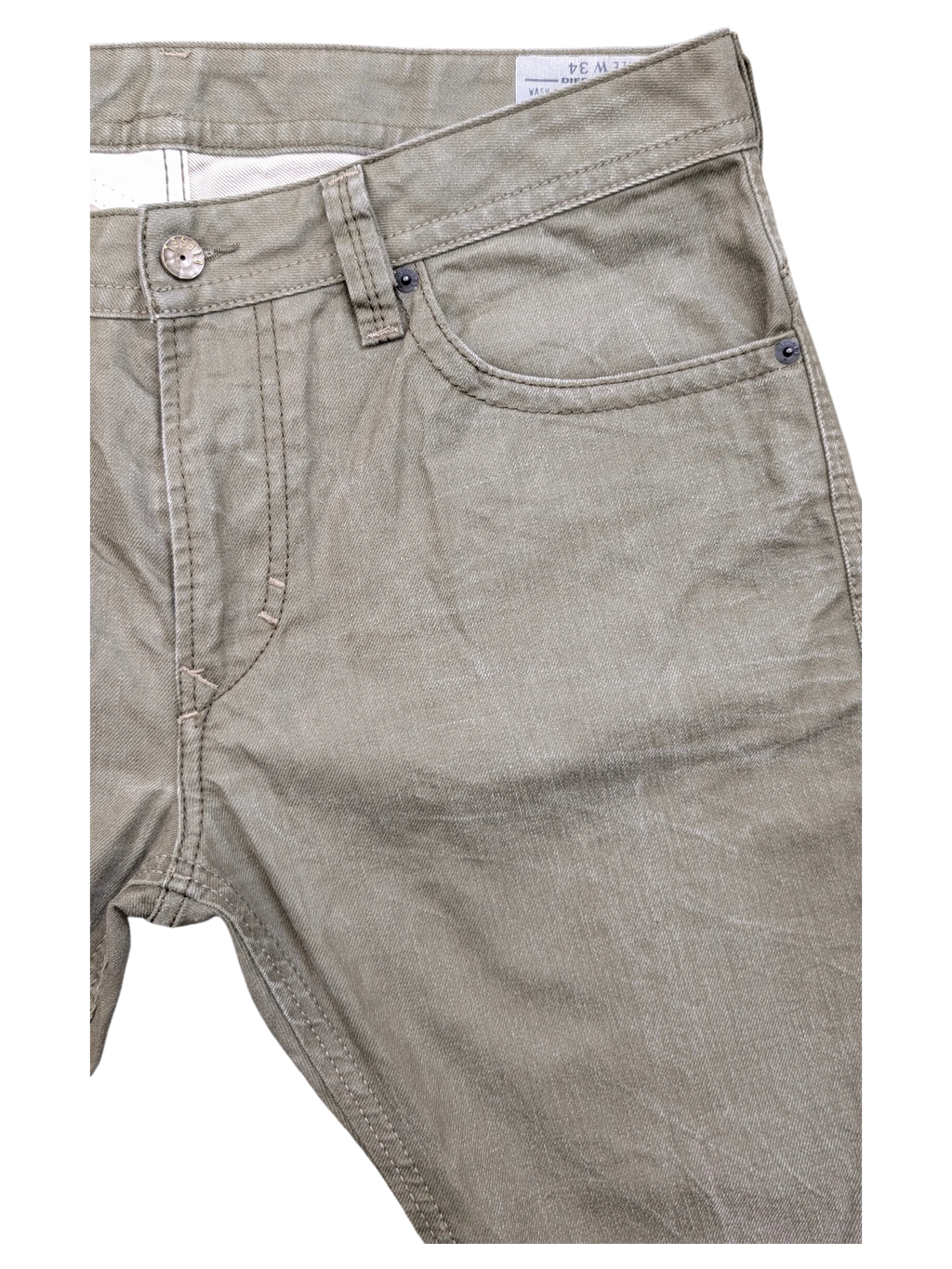 JAKE & IPI Diesel Thavar men's jeans in olive green cotton with button fly and five-pocket styling. Size W34 L32.
