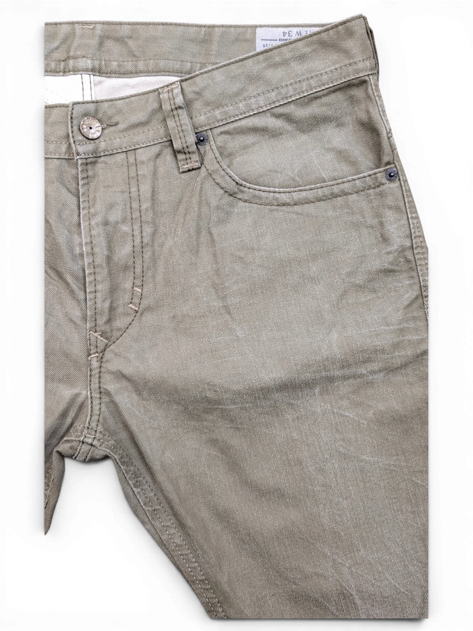 JAKE & IPI Diesel Thavar men's jeans in olive green cotton with button fly and five-pocket styling. Size W34 L32.