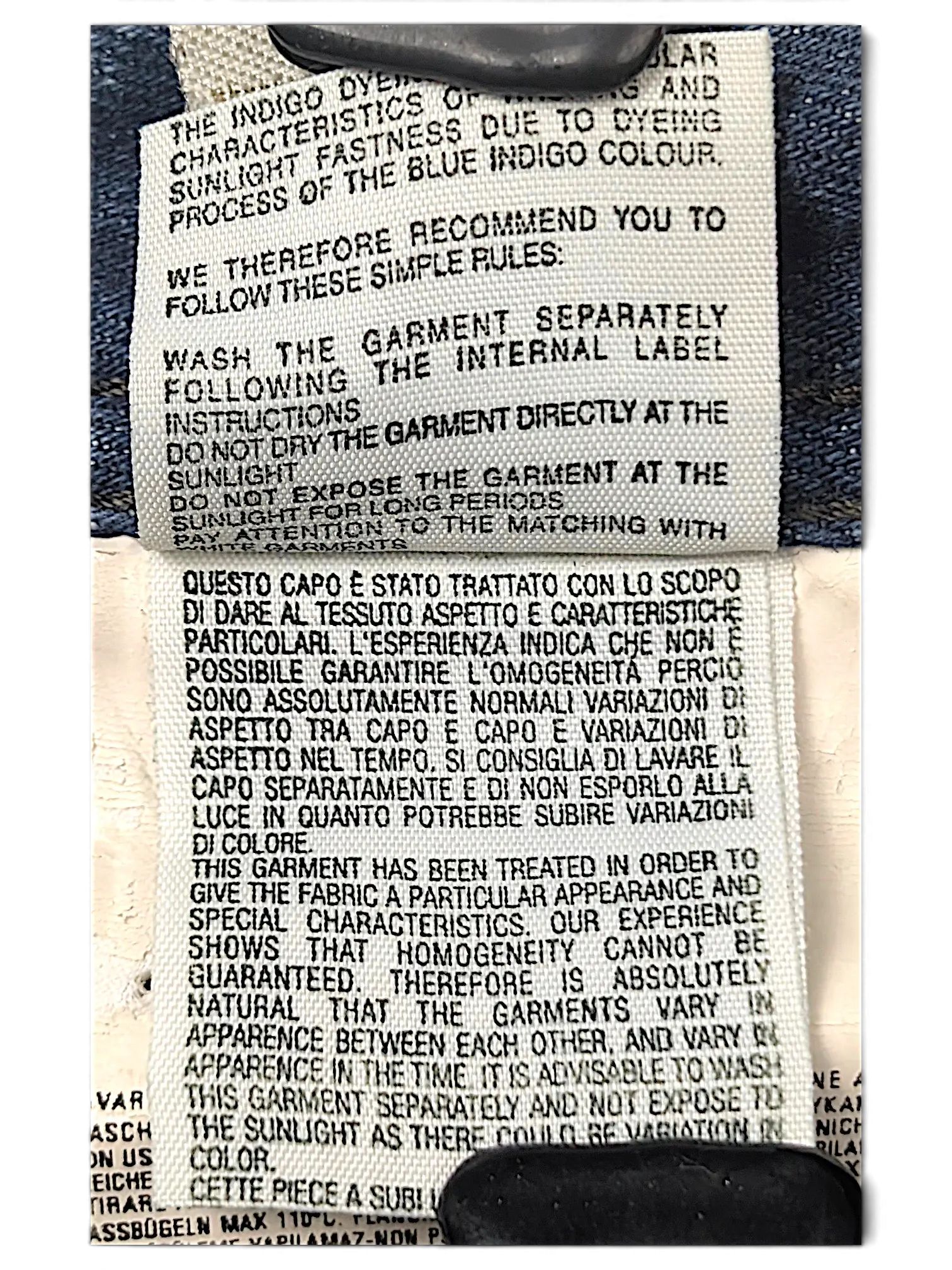 JAKE & IPI Diesel Vikerback denim jeans care and instruction label with indigo dye information