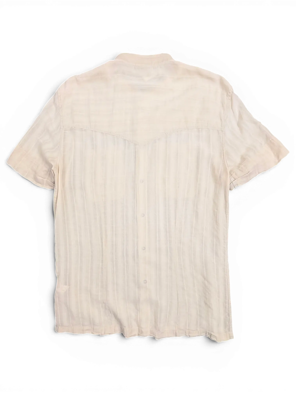 JAKE & IPI pre-owned Disorder Richmond beige short sleeve utility shirt with a stand collar and textured stripe pattern.