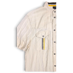JAKE & IPI pre-owned Disorder beige utility shirt with stand collar, metal snap buttons, and chest pocket detail.