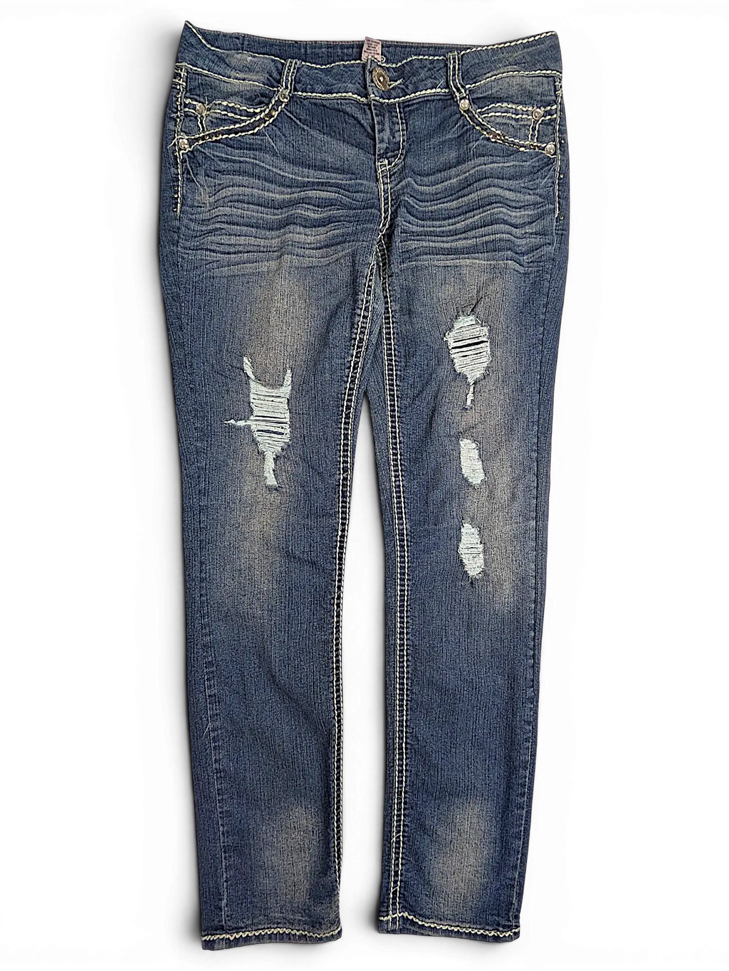 JAKE & IPI Almost Famous distressed blue denim jeans with whiskering, contrast stitching, and ripped knee details.