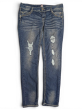 JAKE & IPI Almost Famous distressed blue denim jeans with whiskering, contrast stitching, and ripped knee details.