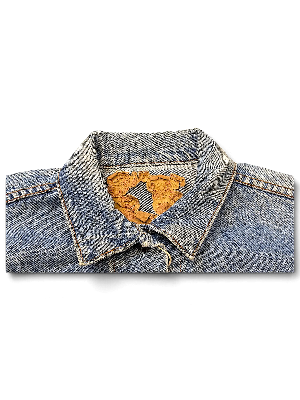 JAKE & IPI vintage blue denim jacket with a distressed and cracked leather-style neck label
