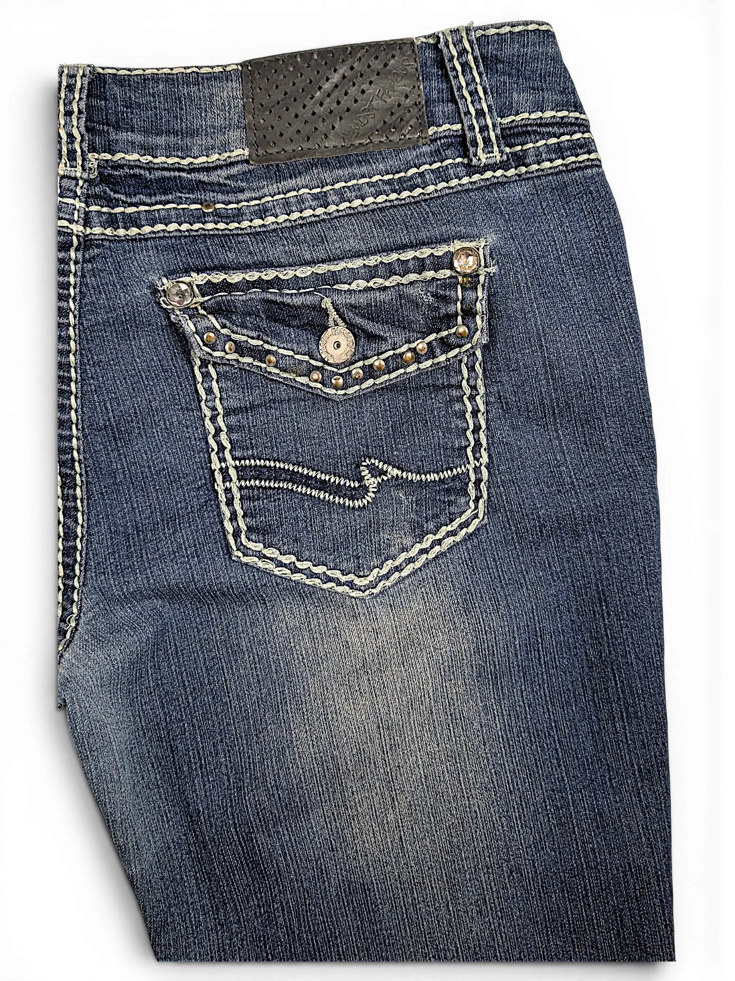 JAKE & IPI Almost Famous distressed blue denim jeans with white contrast stitching and embellished back pocket