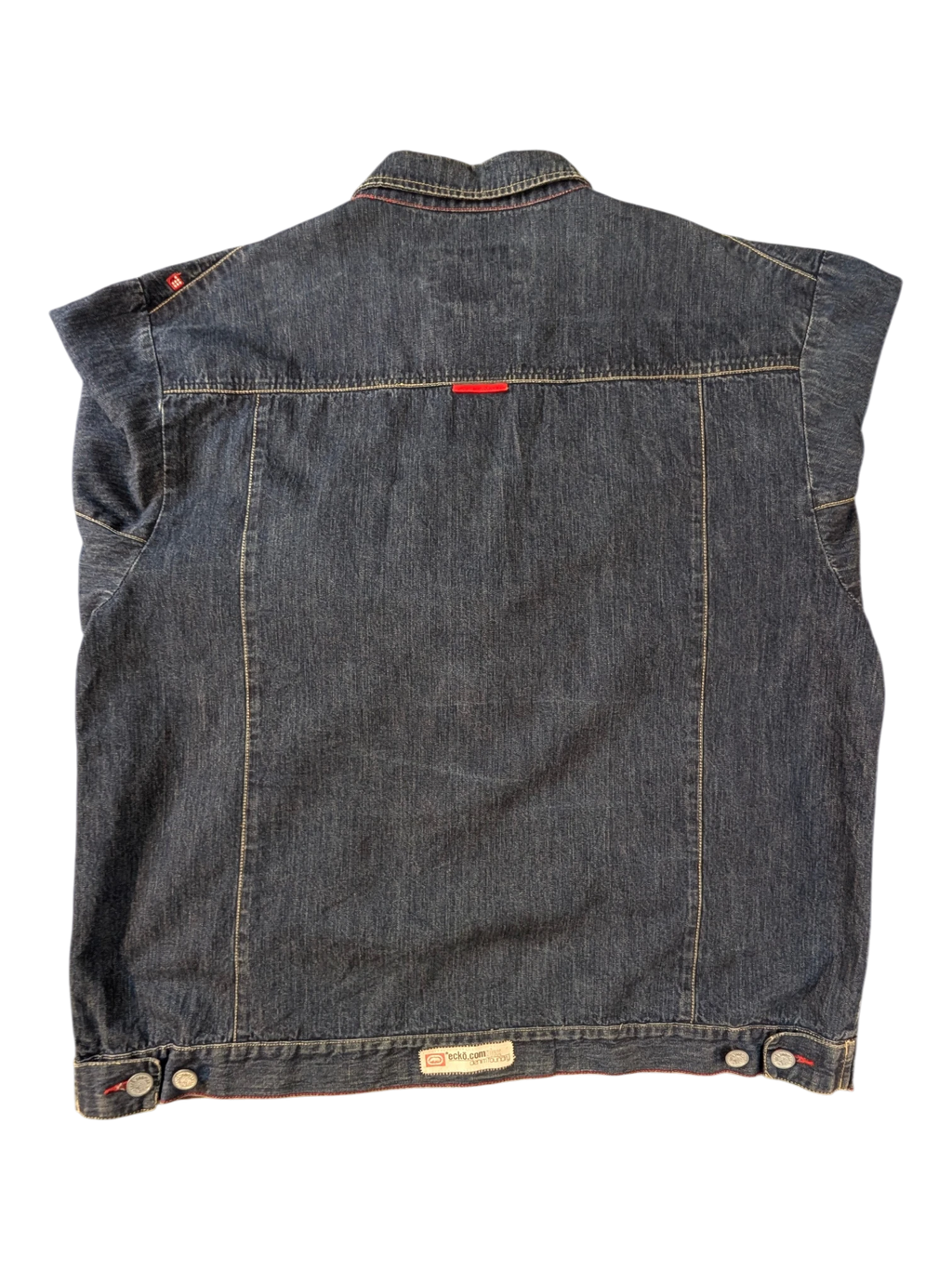 JAKE & IPI dark wash denim jacket with red accents and button closure.