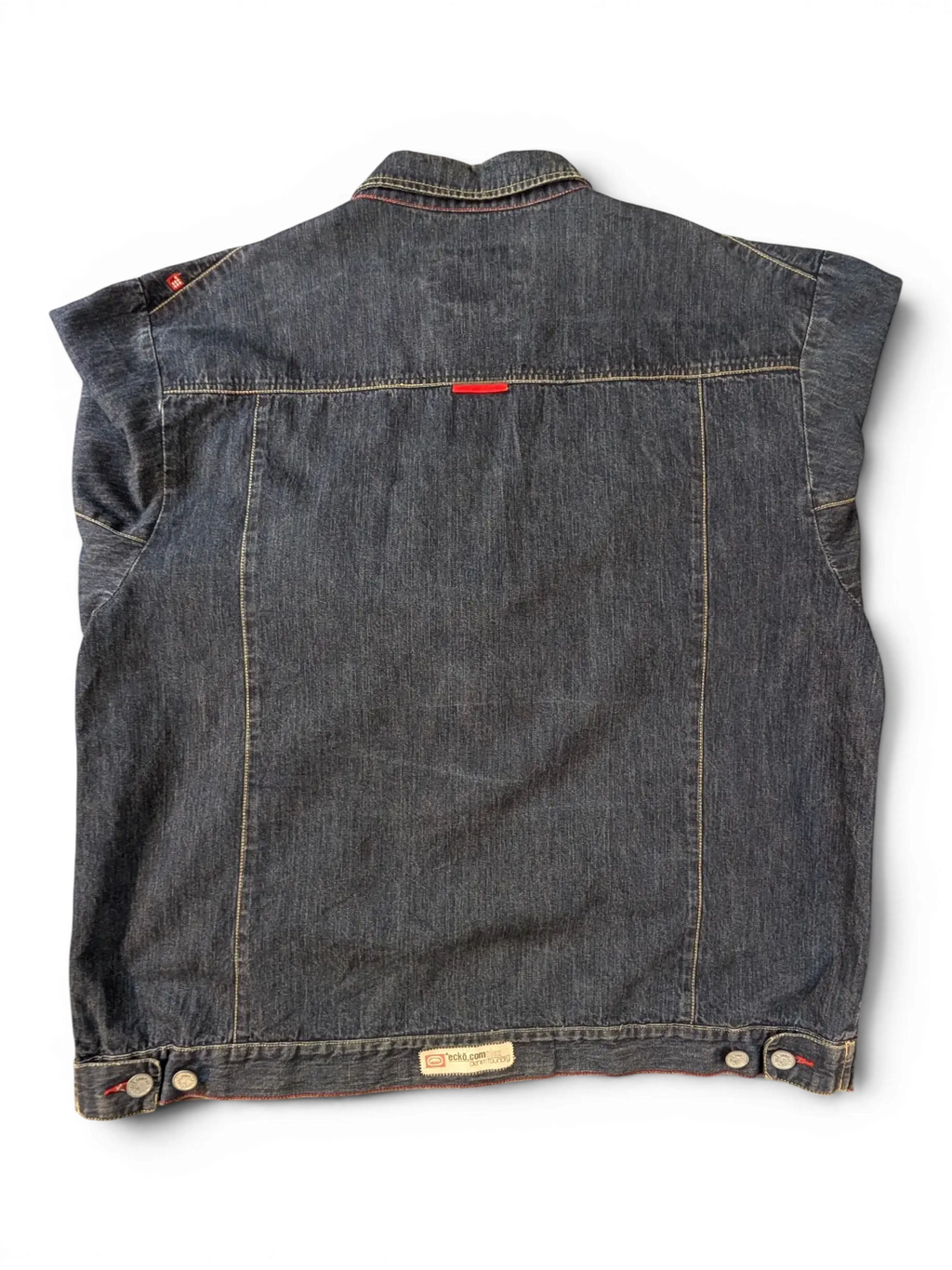 JAKE & IPI dark wash denim jacket with red accents and button closure.