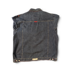JAKE & IPI dark wash denim jacket with red accents and button closure.