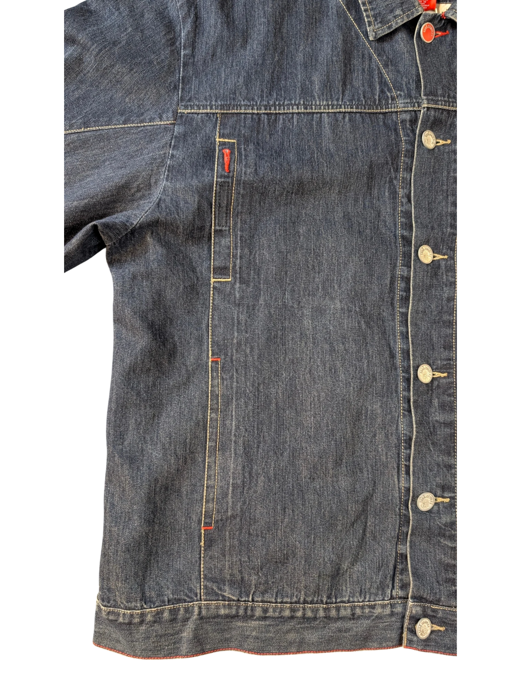 JAKE & IPI Ecko denim jacket in dark blue wash with contrast red stitching and silver buttons.