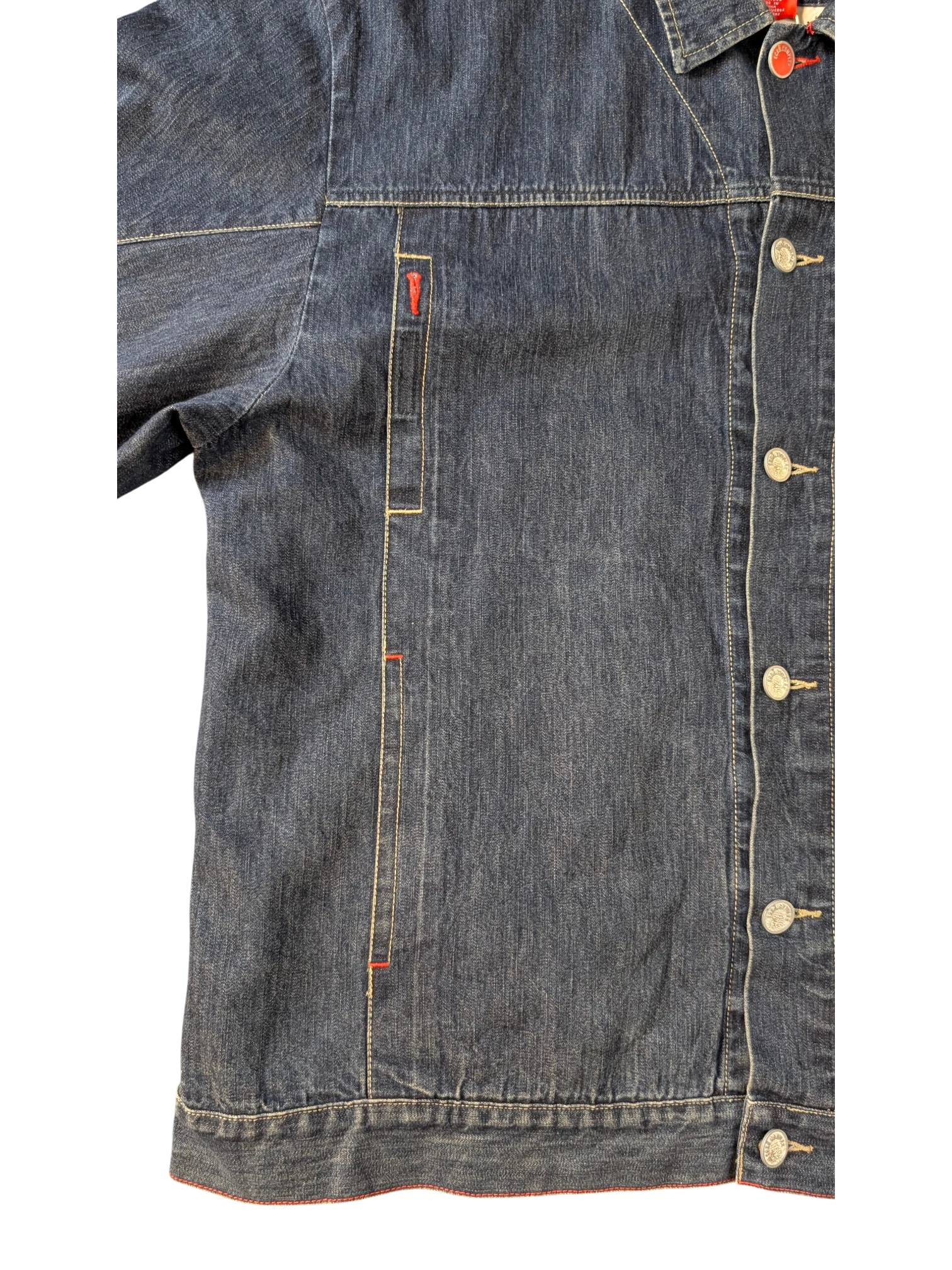 JAKE & IPI Ecko denim jacket in dark blue wash with contrast red stitching and silver buttons.