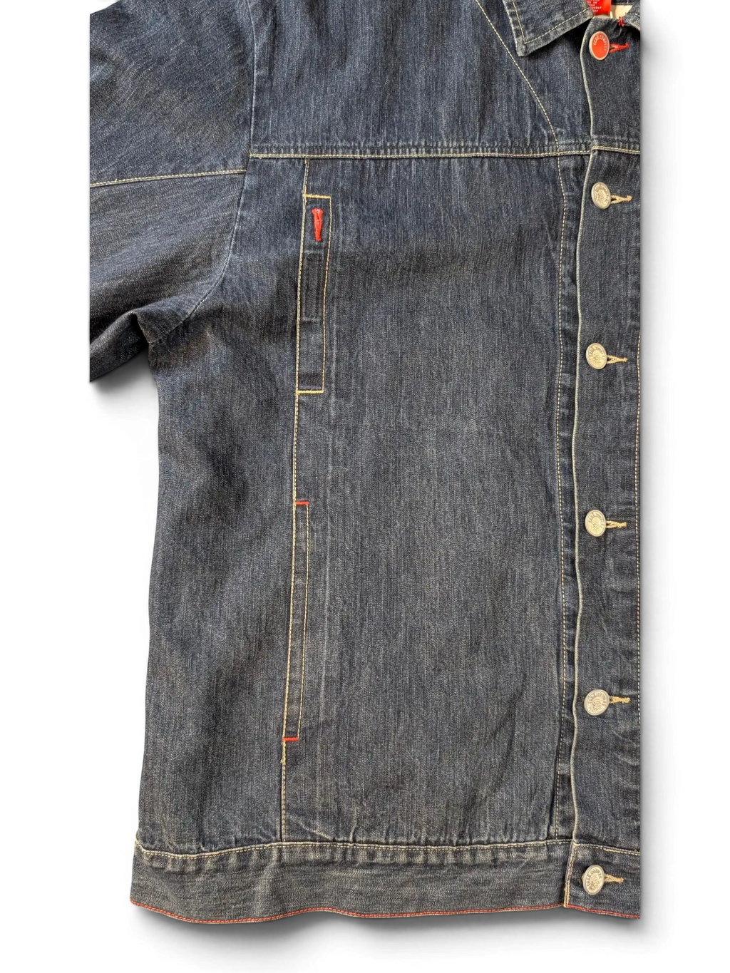 JAKE & IPI Ecko denim jacket in dark blue wash with contrast red stitching and silver buttons.