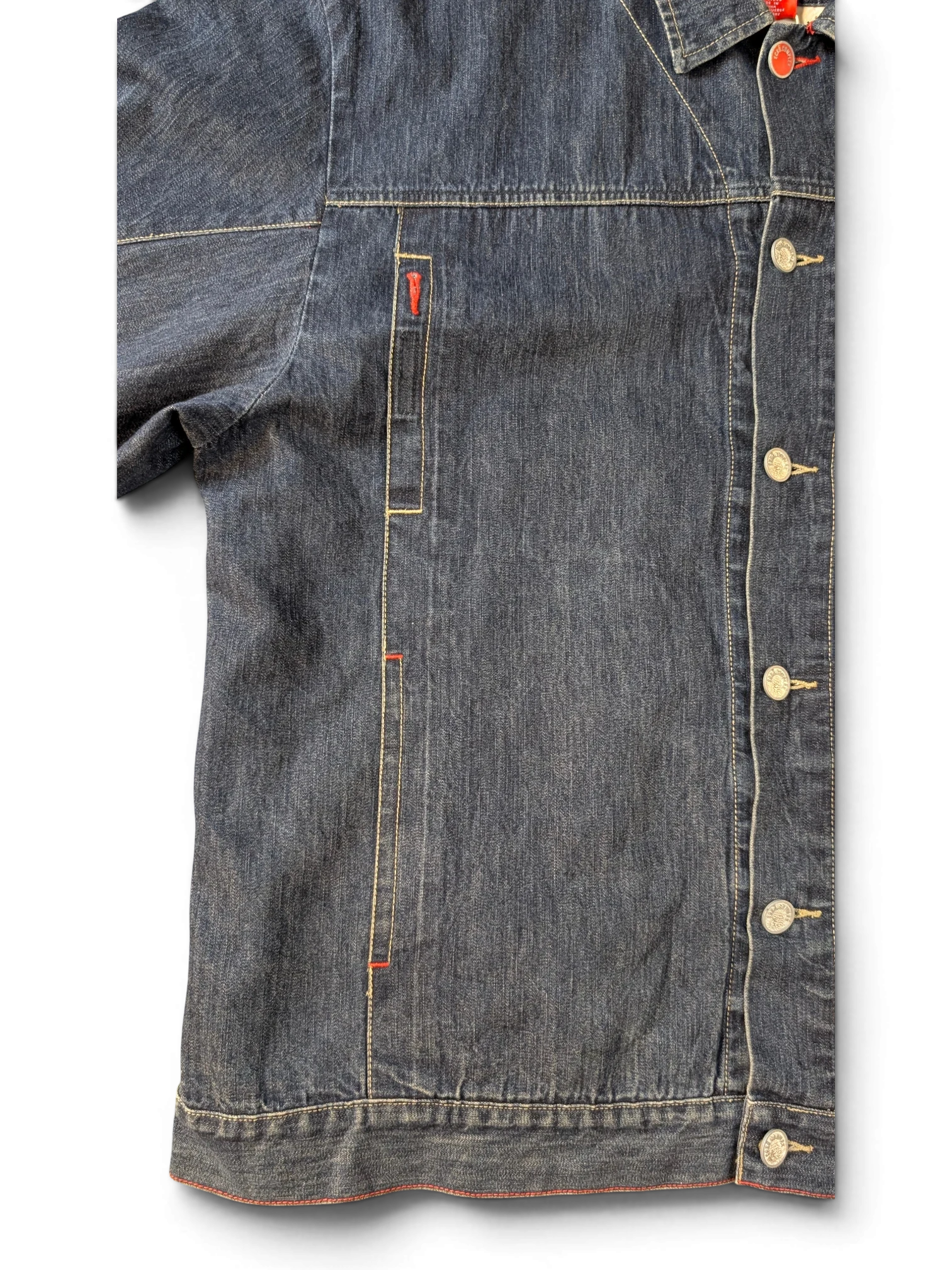 JAKE & IPI Ecko denim jacket in dark blue wash with contrast red stitching and silver buttons.