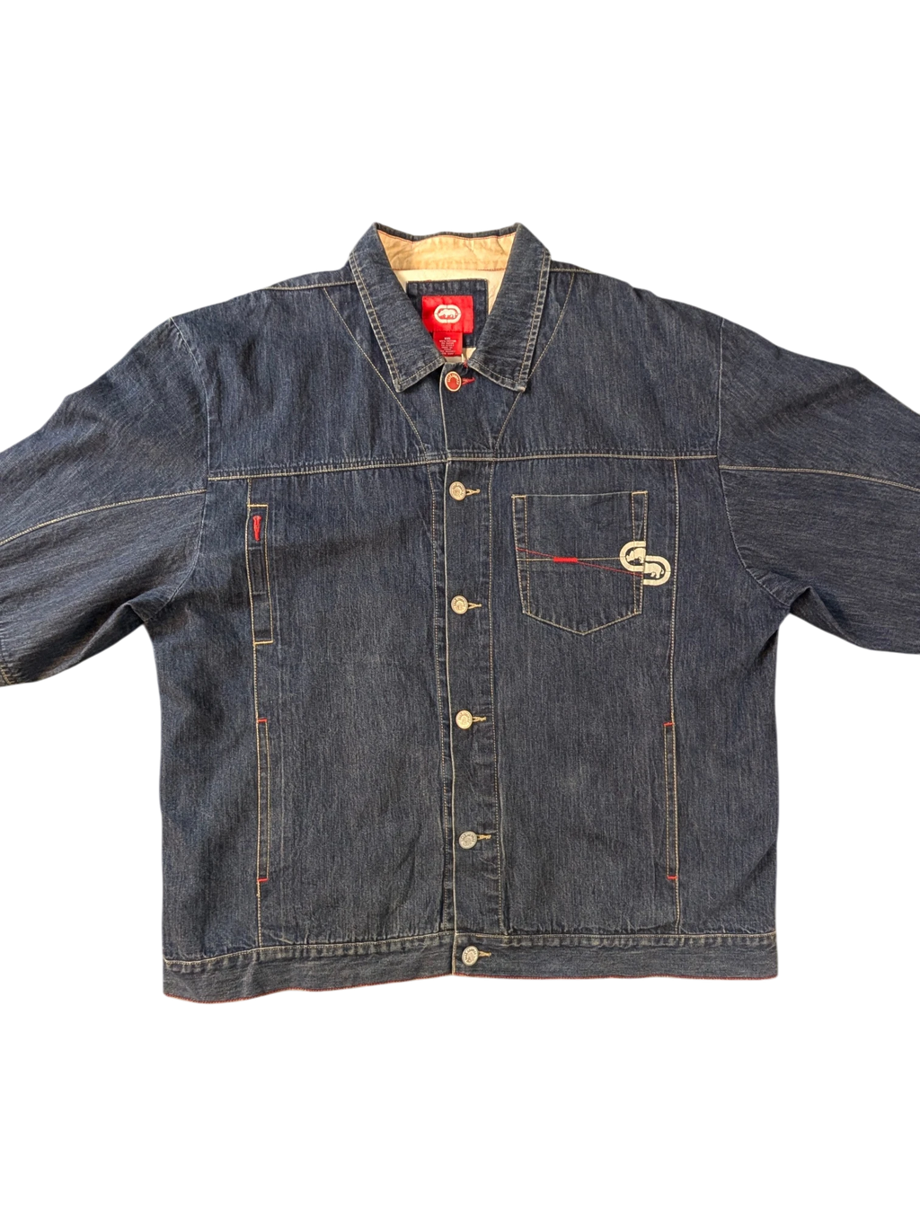 JAKE & IPI Ecko denim jacket in dark wash blue with red stitching and embroidered logo on chest pocket.