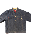 JAKE & IPI Ecko denim jacket in dark wash blue with red stitching and embroidered logo on chest pocket.