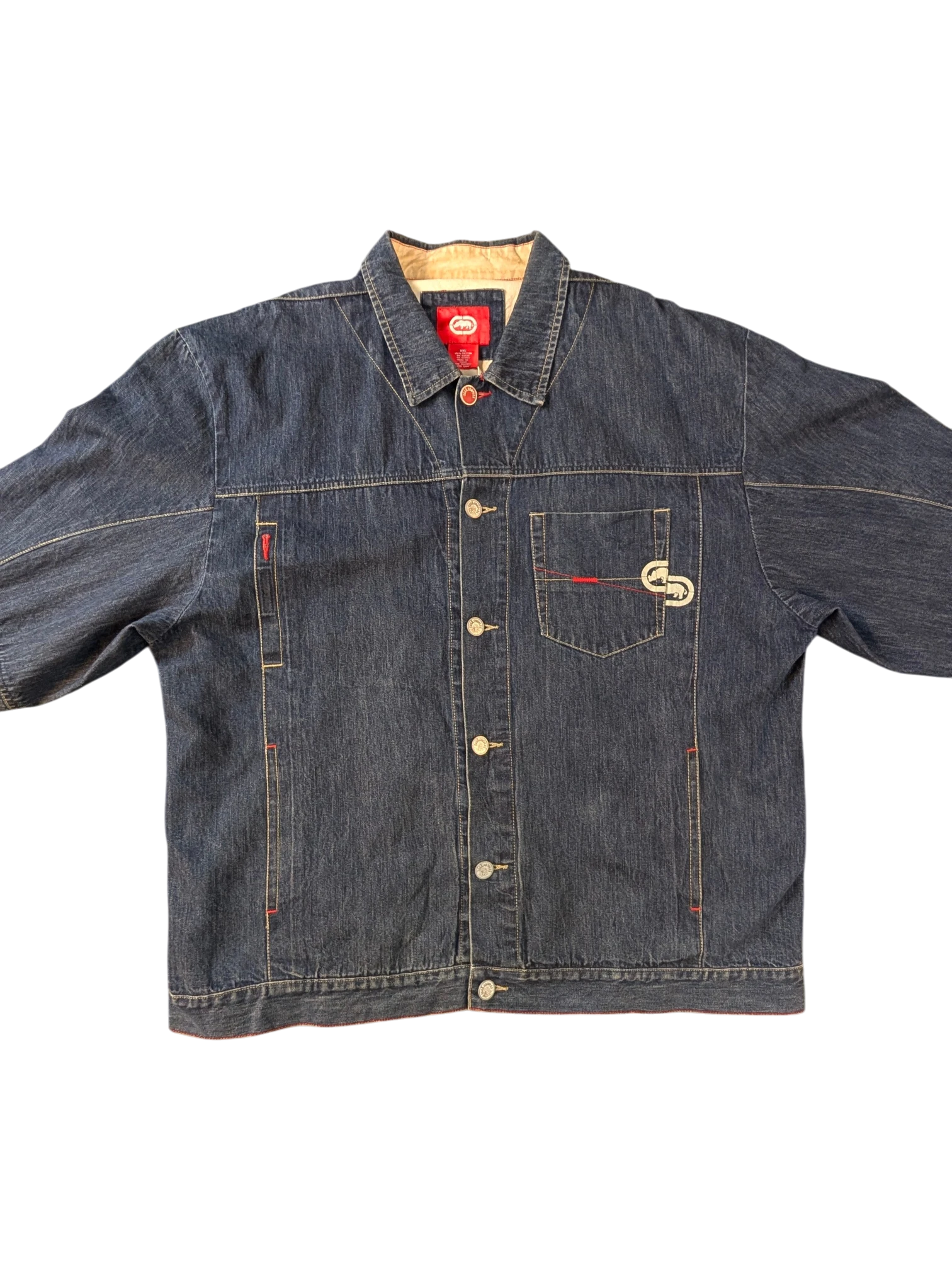 JAKE & IPI Ecko denim jacket in dark wash blue with red stitching and embroidered logo on chest pocket.