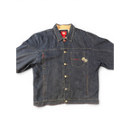 JAKE & IPI Ecko denim jacket in dark wash blue with red stitching and embroidered logo on chest pocket.