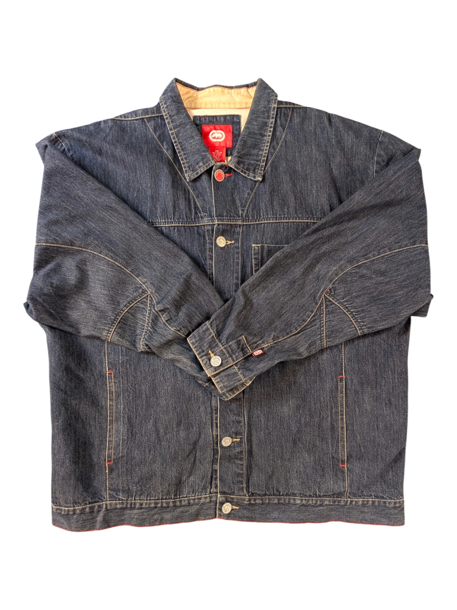 JAKE & IPI Ecko denim jacket with a sherpa-lined collar and red stitching details. Classic trucker style.