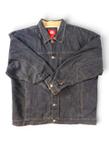 JAKE & IPI Ecko denim jacket with a sherpa-lined collar and red stitching details. Classic trucker style.