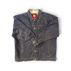 JAKE & IPI Ecko denim jacket with a sherpa-lined collar and red stitching details. Classic trucker style.