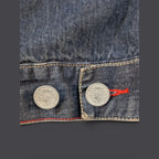 JAKE & IPI Ecko denim jacket with silver buttons and red stitching detail.