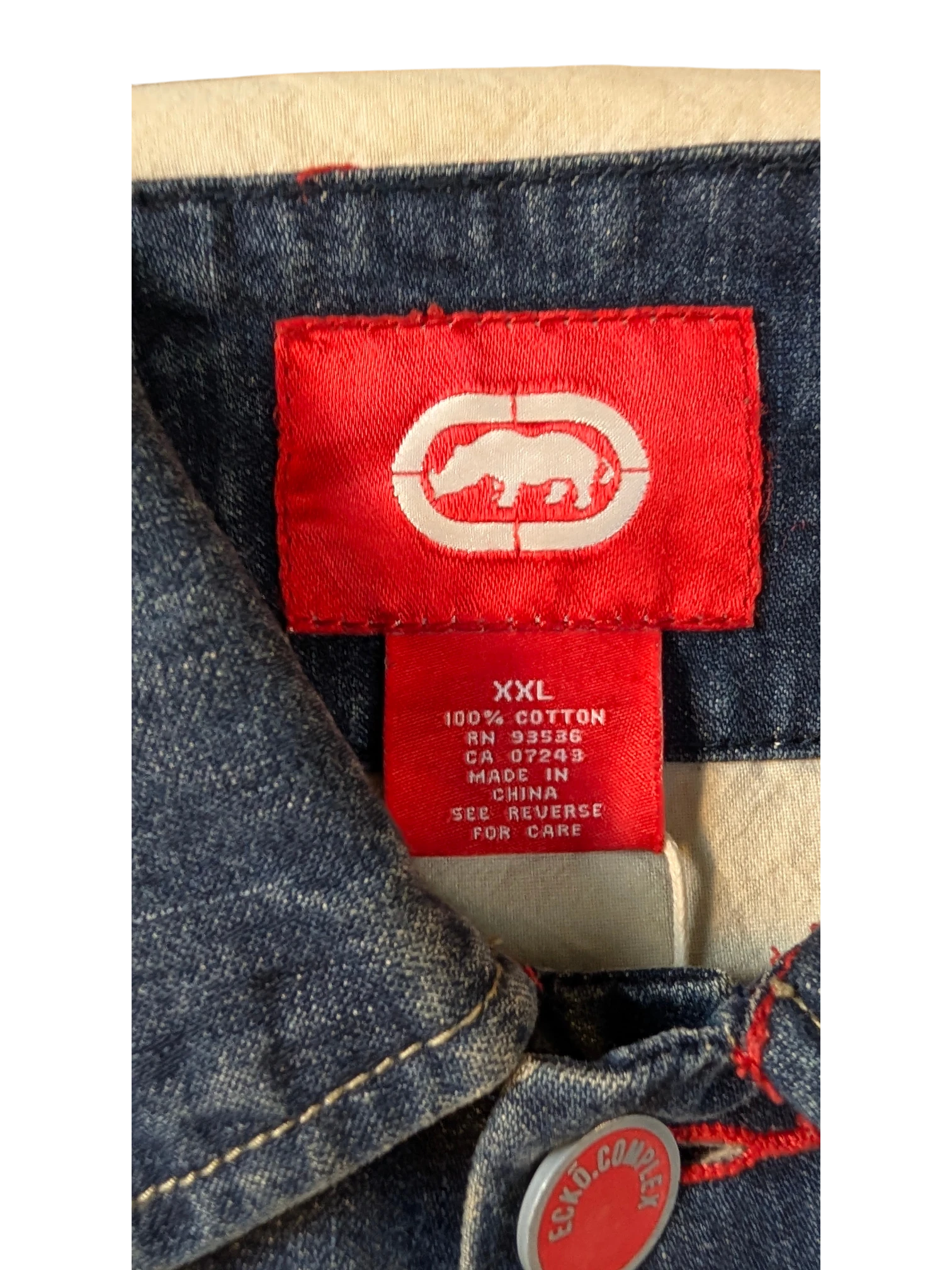 JAKE & IPI Ecko denim jacket with red Ecko logo tag and XXL size label. 100% cotton.