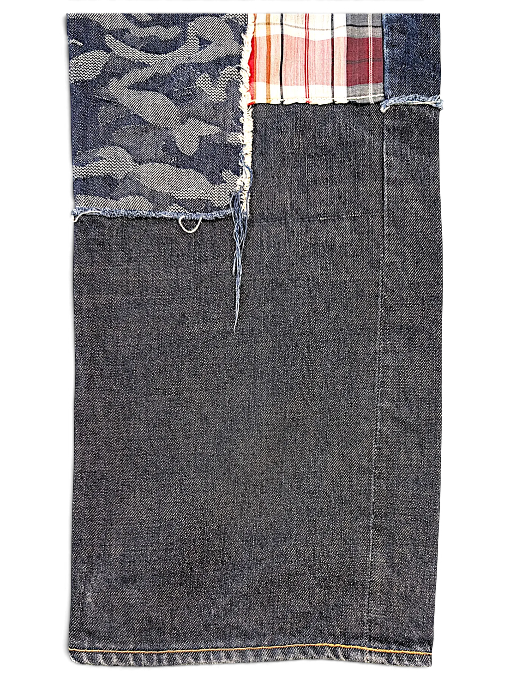 JAKE & IPI IBE Evisu One Of One jeans featuring dark denim with patchwork camo and plaid fabric details