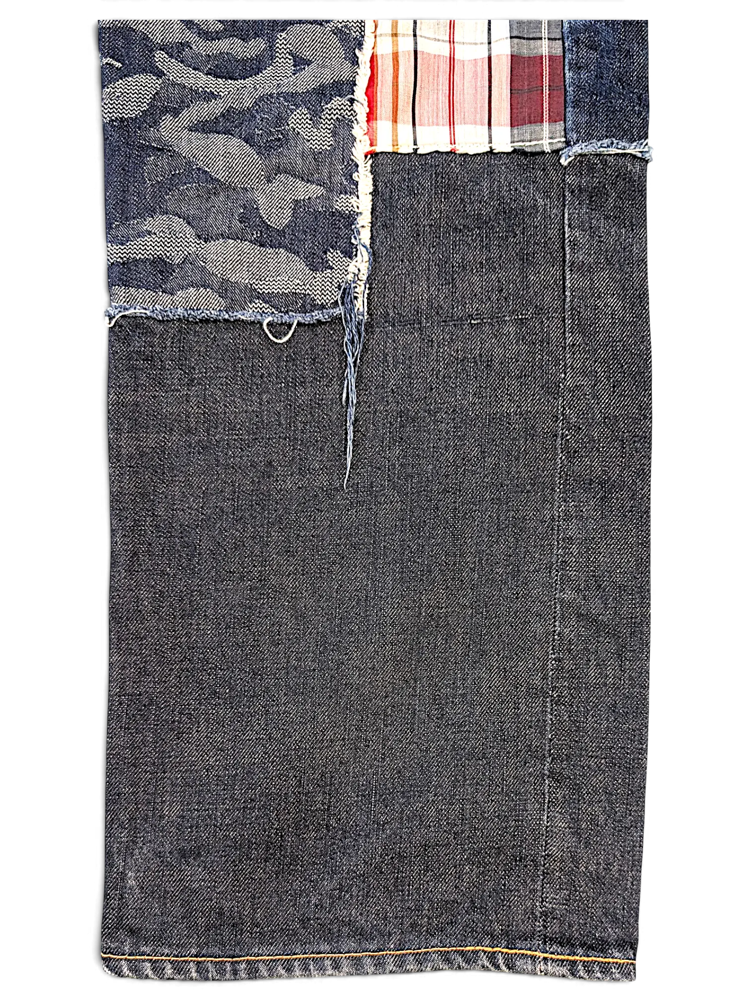 JAKE & IPI IBE Evisu One Of One jeans featuring dark denim with patchwork camo and plaid fabric details