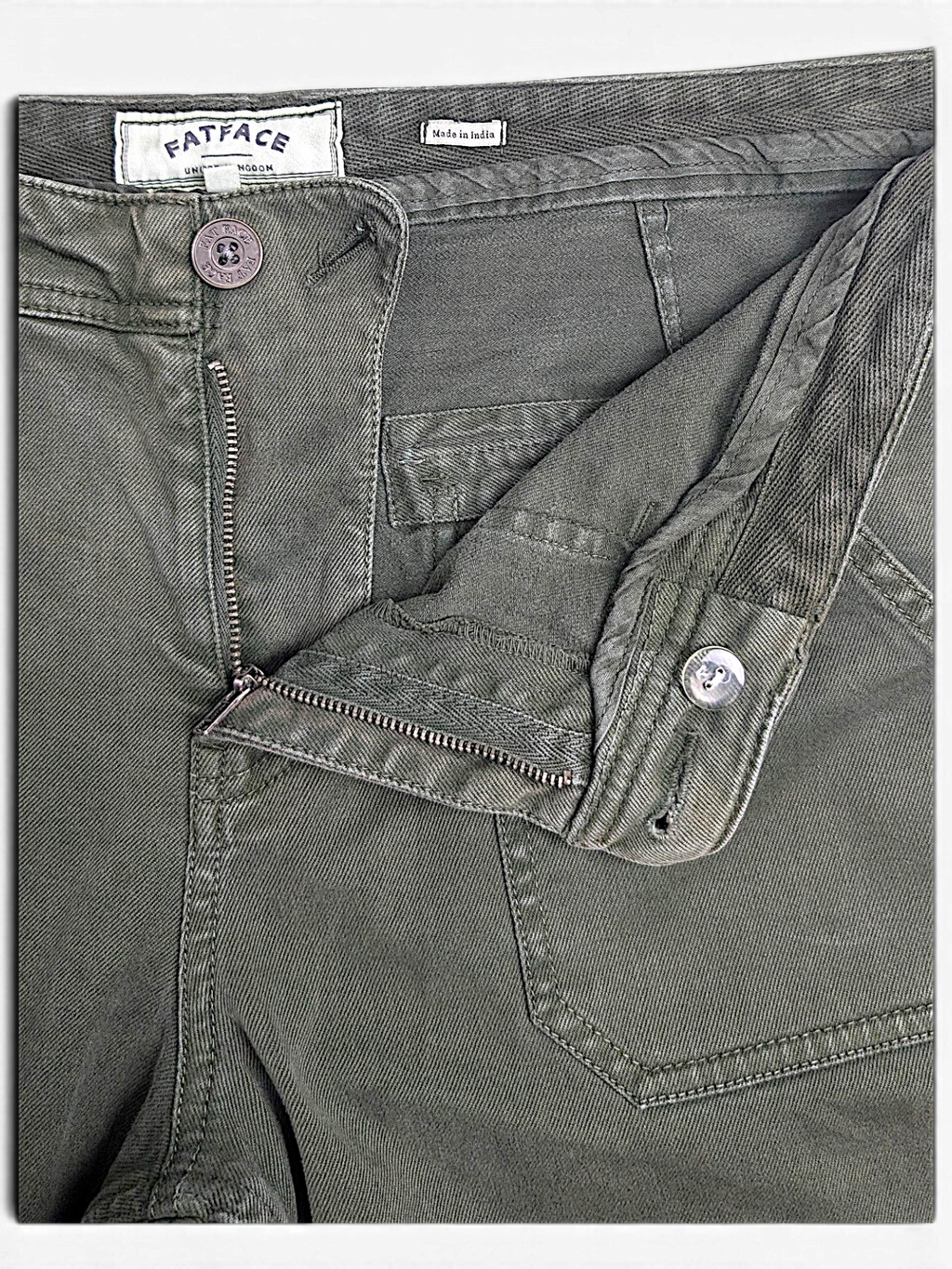 JAKE & IPI pre-owned FatFace olive green utility trousers featuring a button fly and patch pockets