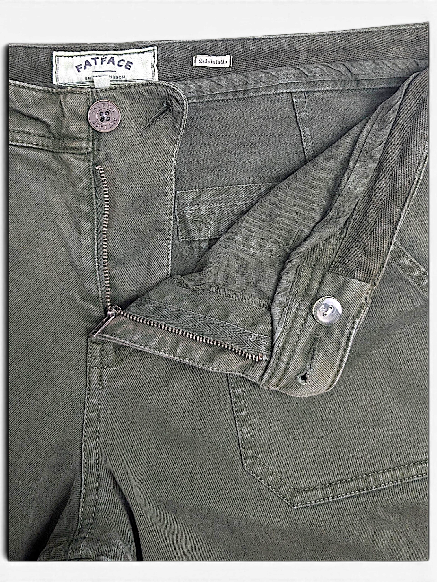 JAKE & IPI pre-owned FatFace olive green utility trousers featuring a button fly and patch pockets