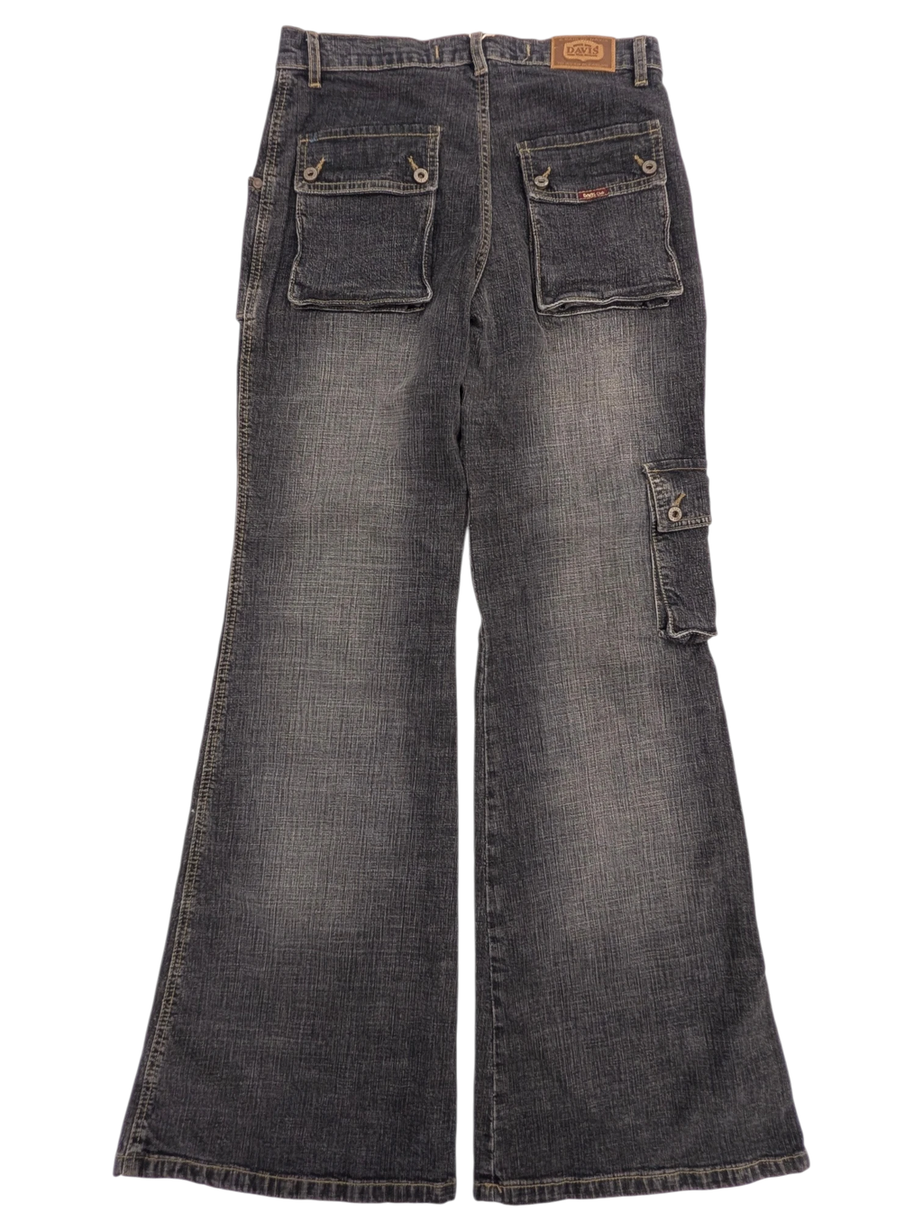 JAKE & IPI Davis Model flared jeans in dark wash denim with cargo pockets and button closure. Size W31 L32.