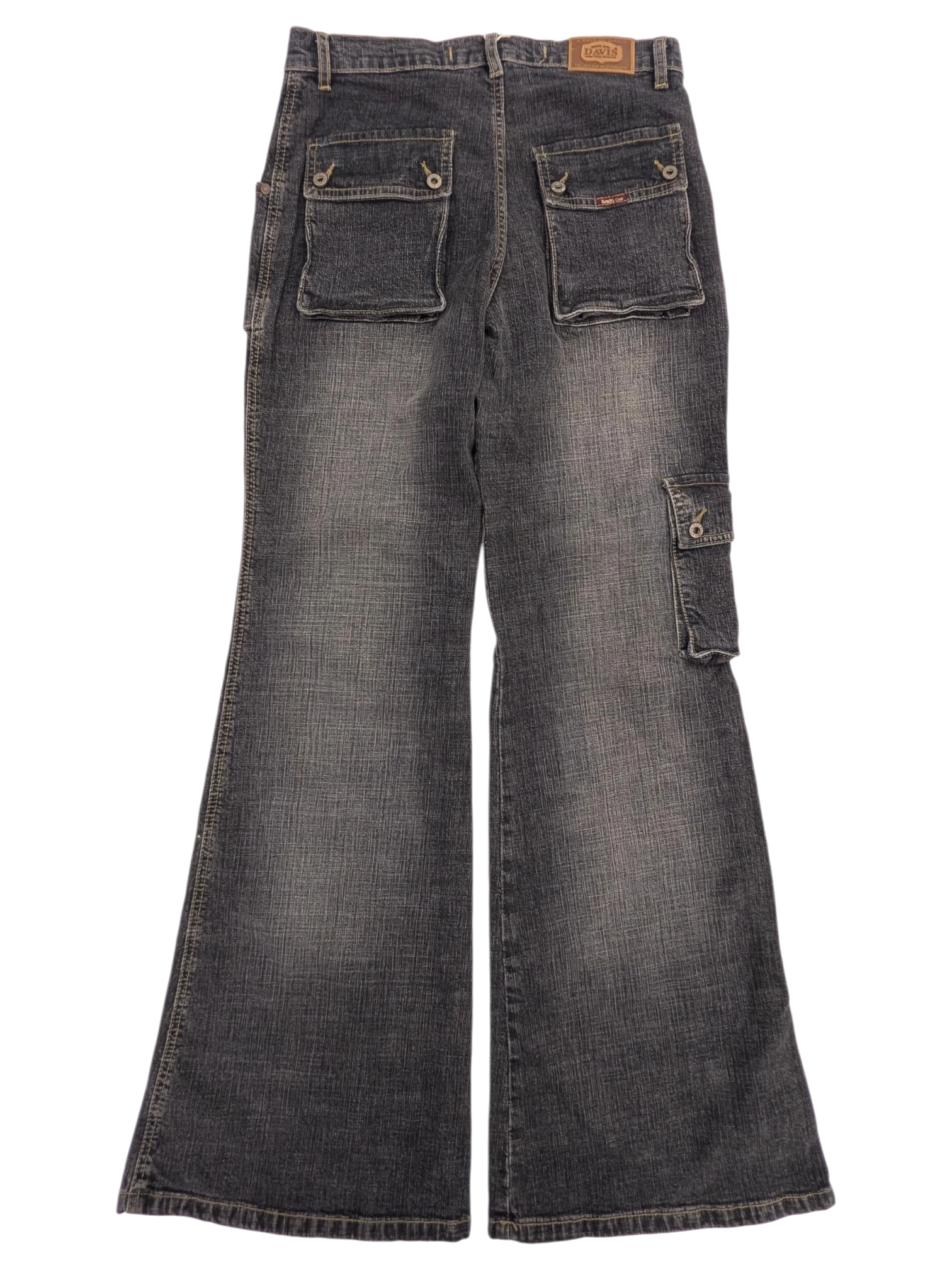 JAKE & IPI Davis Model flared jeans in dark wash denim with cargo pockets and button closure. Size W31 L32.