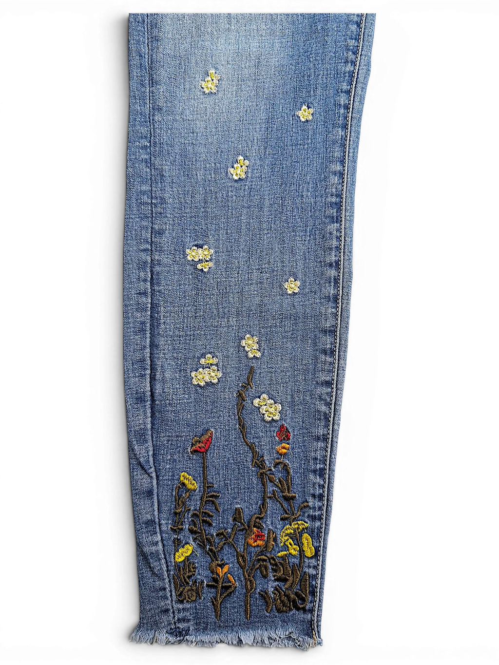 JAKE & IPI Amisu skinny jeans in light blue denim with yellow floral embroidery and a frayed raw hem