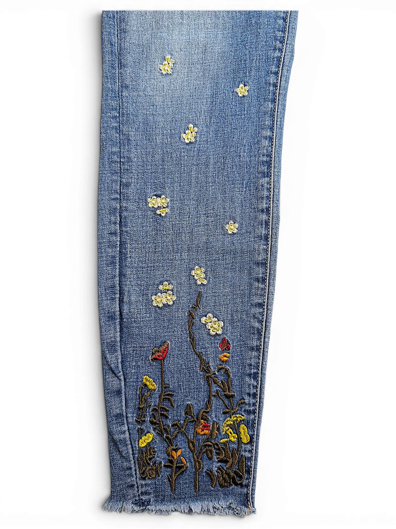 JAKE & IPI Amisu skinny jeans in light blue denim with yellow floral embroidery and a frayed raw hem