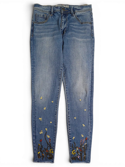JAKE & IPI Amisu skinny jeans in light blue denim with floral embroidery at the ankles and raw hem