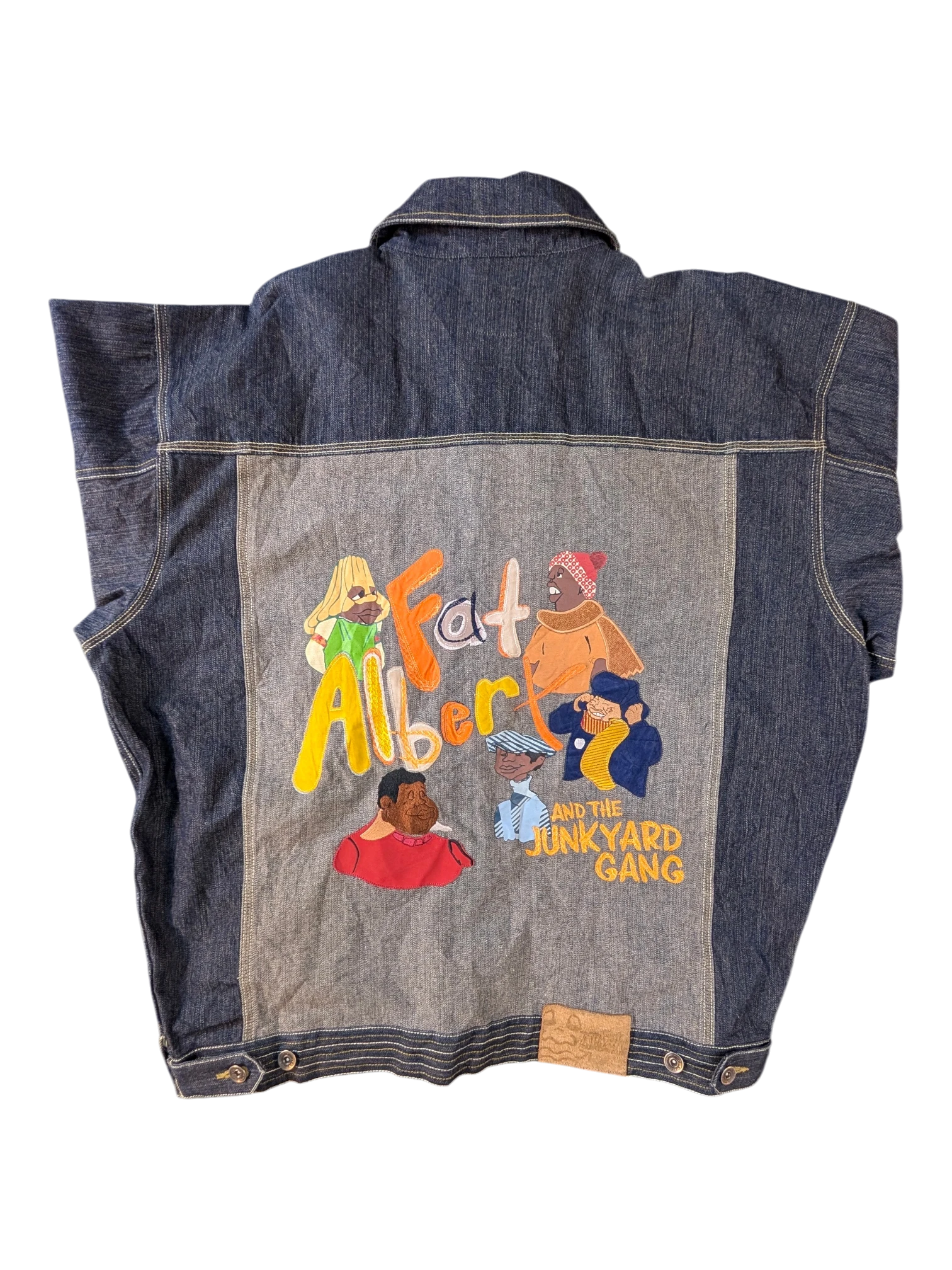 JAKE & IPI Platinum FUBU denim jacket with embroidered Fat Albert and the Junkyard Gang characters on the back.