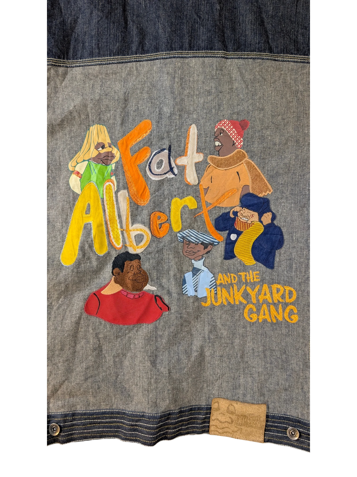 JAKE & IPI Platinum FUBU denim jacket with embroidered Fat Albert and the Junkyard Gang characters and text.
