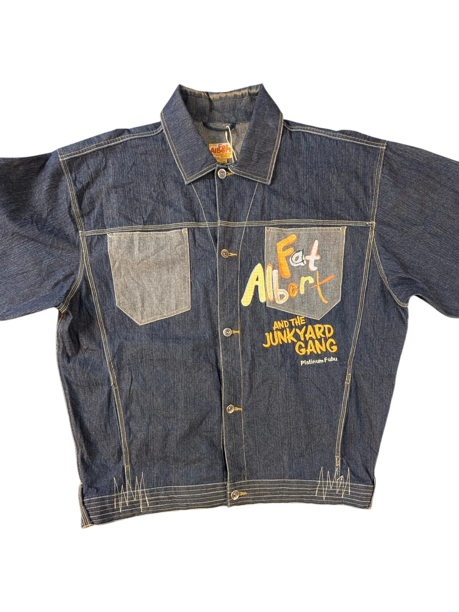 JAKE & IPI Platinum FUBU denim jacket with "Fat Albert and the Junkyard Gang" embroidery.