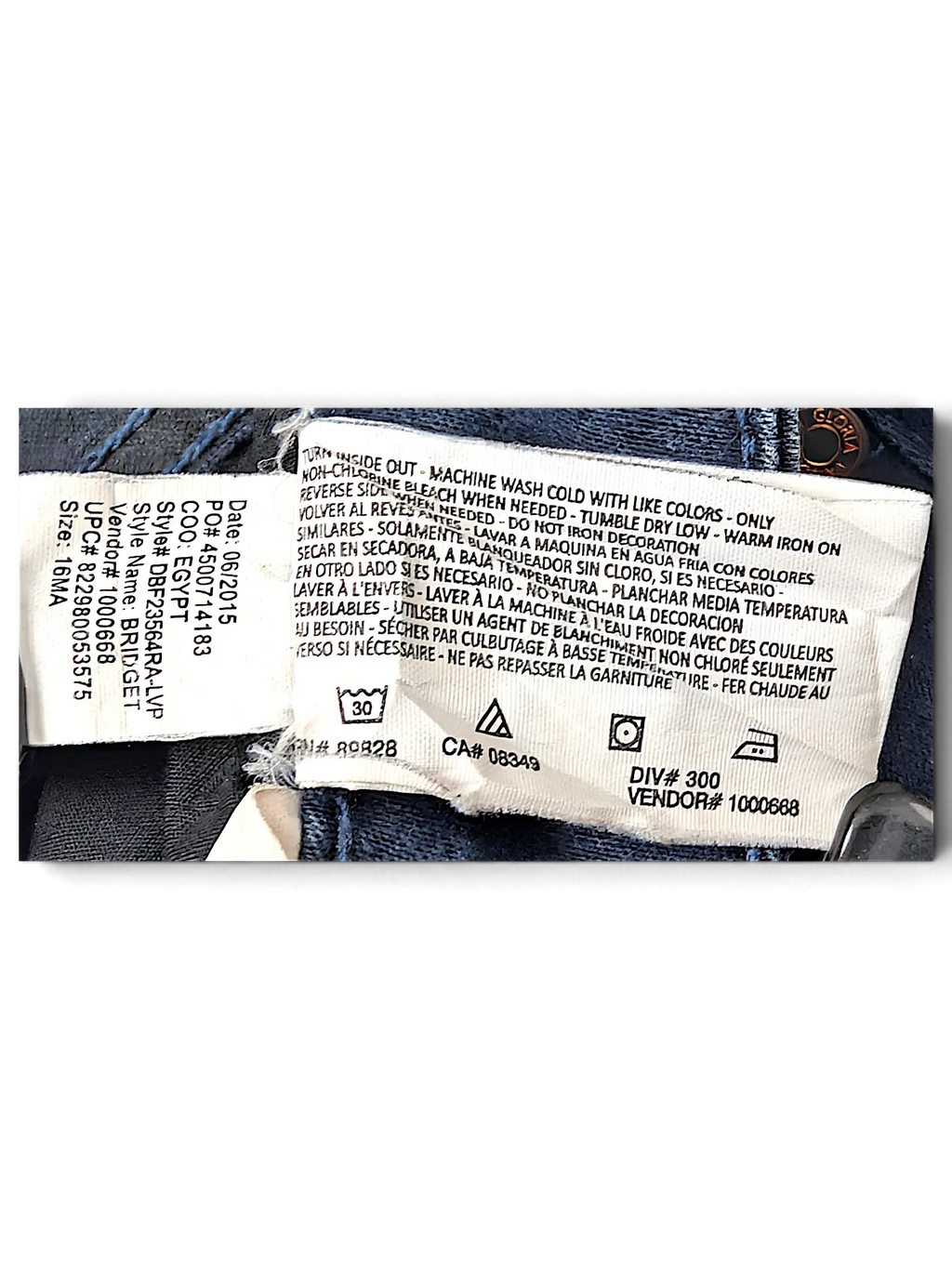 JAKE & IPI Gloria Vanderbilt Missy Bridget slim leg jeans care label with washing instructions in dark blue denim